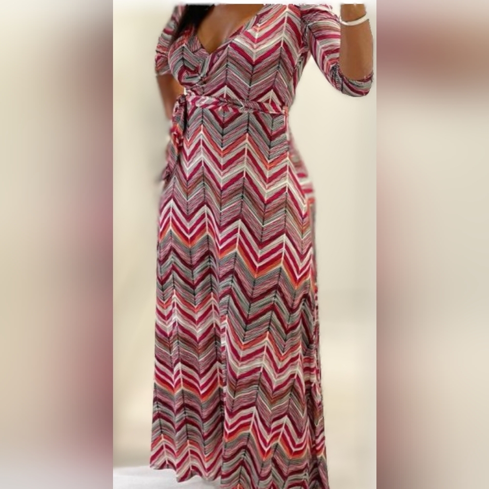 Janette Plus Faux‎ Wrap Stretch Chevron Maxi Dress  1X -3X Spring Wedding Guest
